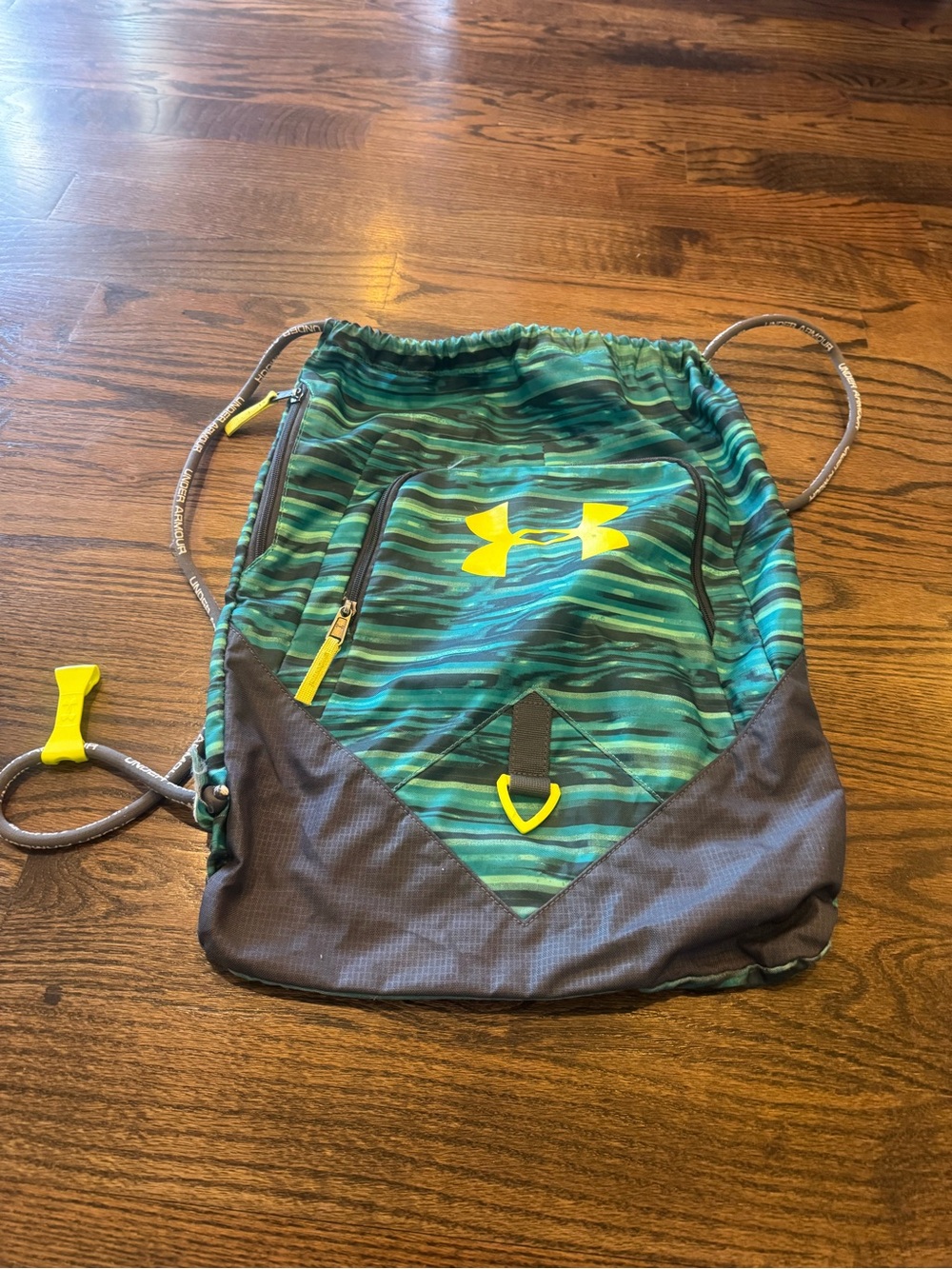 Under Armour Teal Striped Drawstring Backpack with Yellow Logo